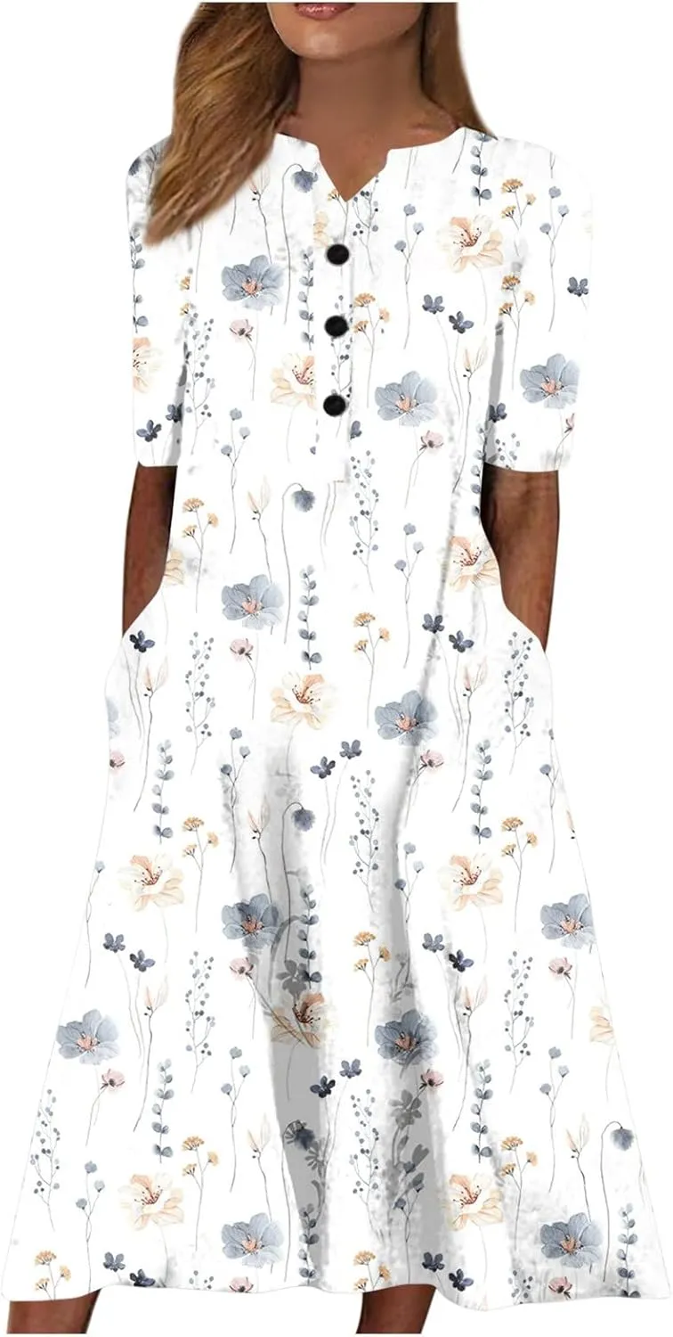 Maxi Dress for Women,2024 Summer Casual Loose V Neck Short Sleeve Beach Dress Flowy Long Dress with Pockets