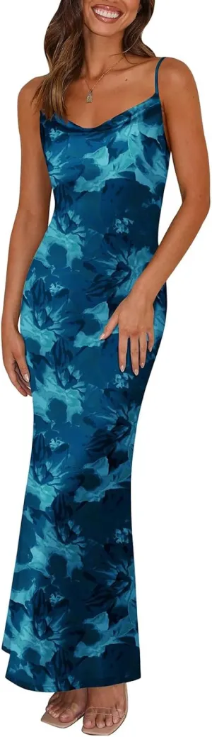 Maxi Dresses for Women 2025 Floral Spaghetti Strap Dress Stretch Sexy Bodycon Dress Summer Beach Vacation Dresses