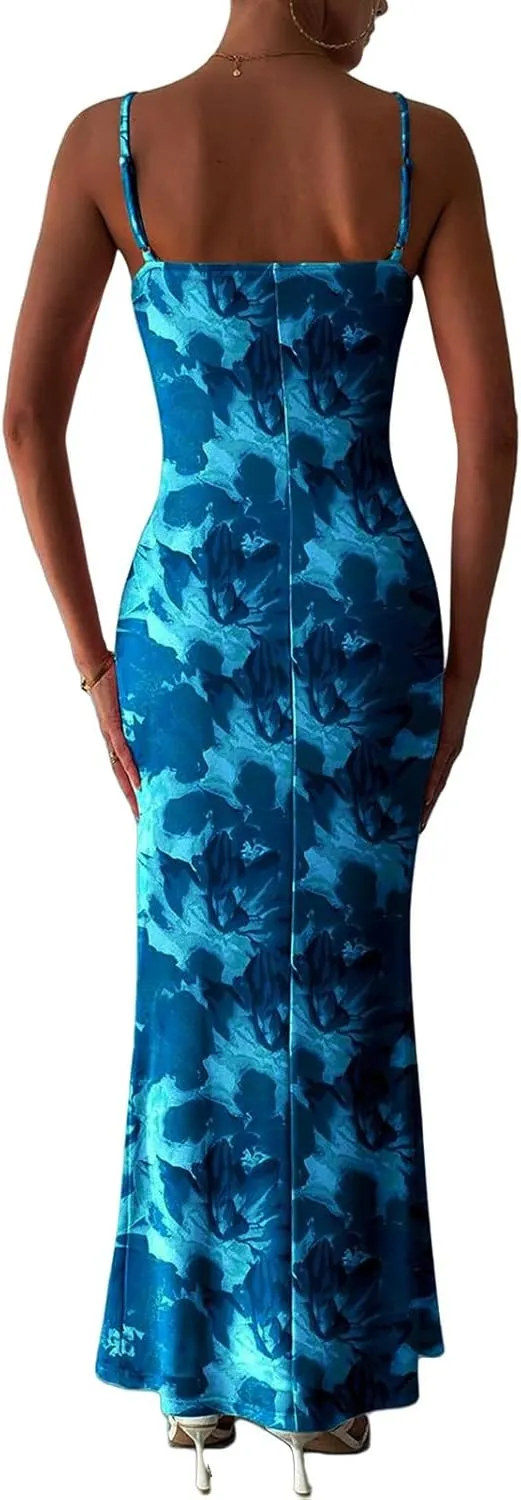 Maxi Dresses for Women 2025 Floral Spaghetti Strap Dress Stretch Sexy Bodycon Dress Summer Beach Vacation Dresses