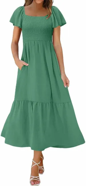 Maxi Dresses for Women Square Neck Flutter Sleeve Smocked Summer Flowy Dress with Pockets Casual Beach Sundress 2025