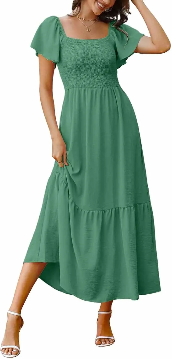 Maxi Dresses for Women Square Neck Flutter Sleeve Smocked Summer Flowy Dress with Pockets Casual Beach Sundress 2025