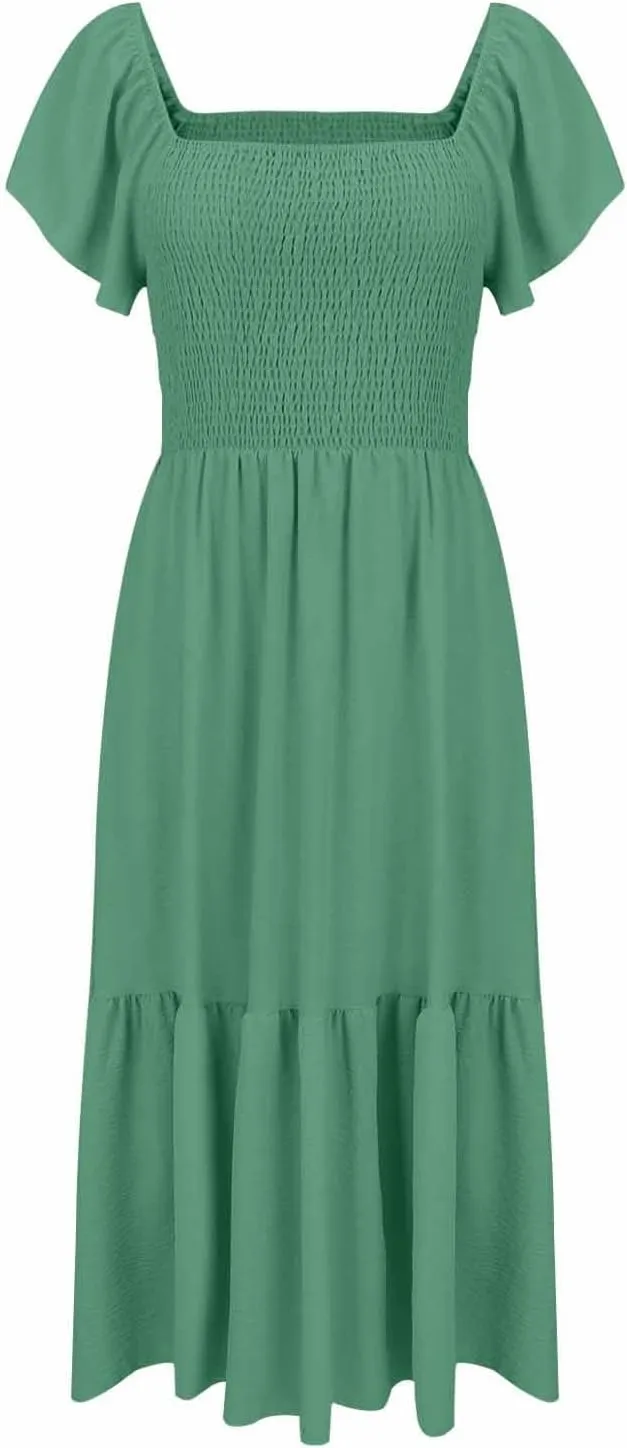 Maxi Dresses for Women Square Neck Flutter Sleeve Smocked Summer Flowy Dress with Pockets Casual Beach Sundress 2025