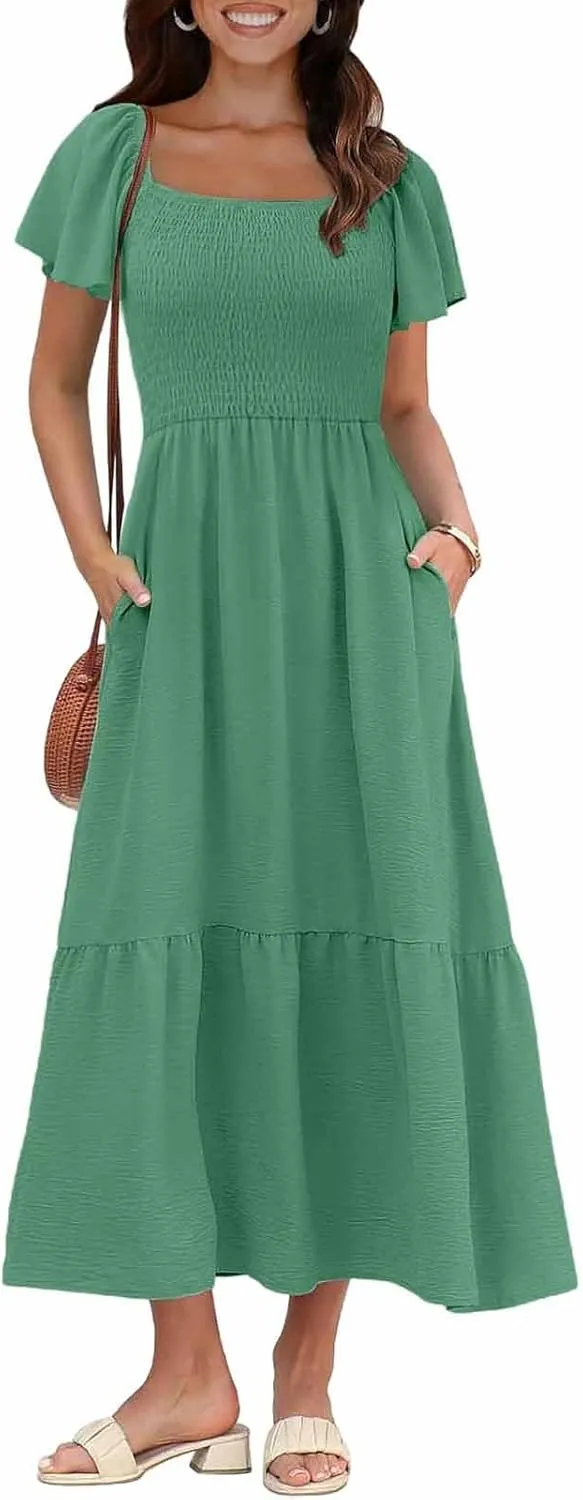 Maxi Dresses for Women Square Neck Flutter Sleeve Smocked Summer Flowy Dress with Pockets Casual Beach Sundress 2025