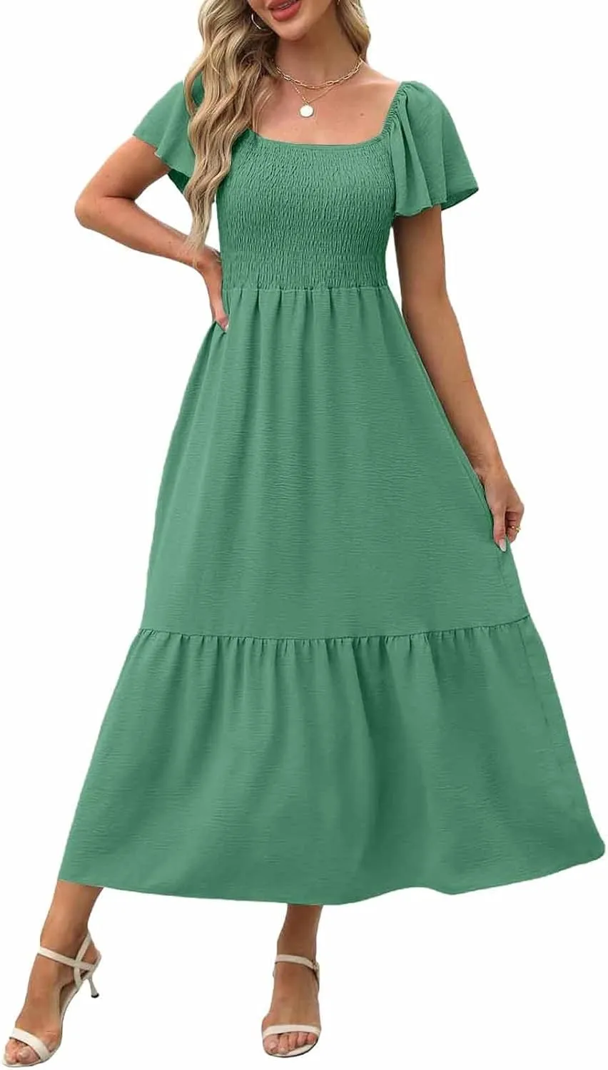 Maxi Dresses for Women Square Neck Flutter Sleeve Smocked Summer Flowy Dress with Pockets Casual Beach Sundress 2025