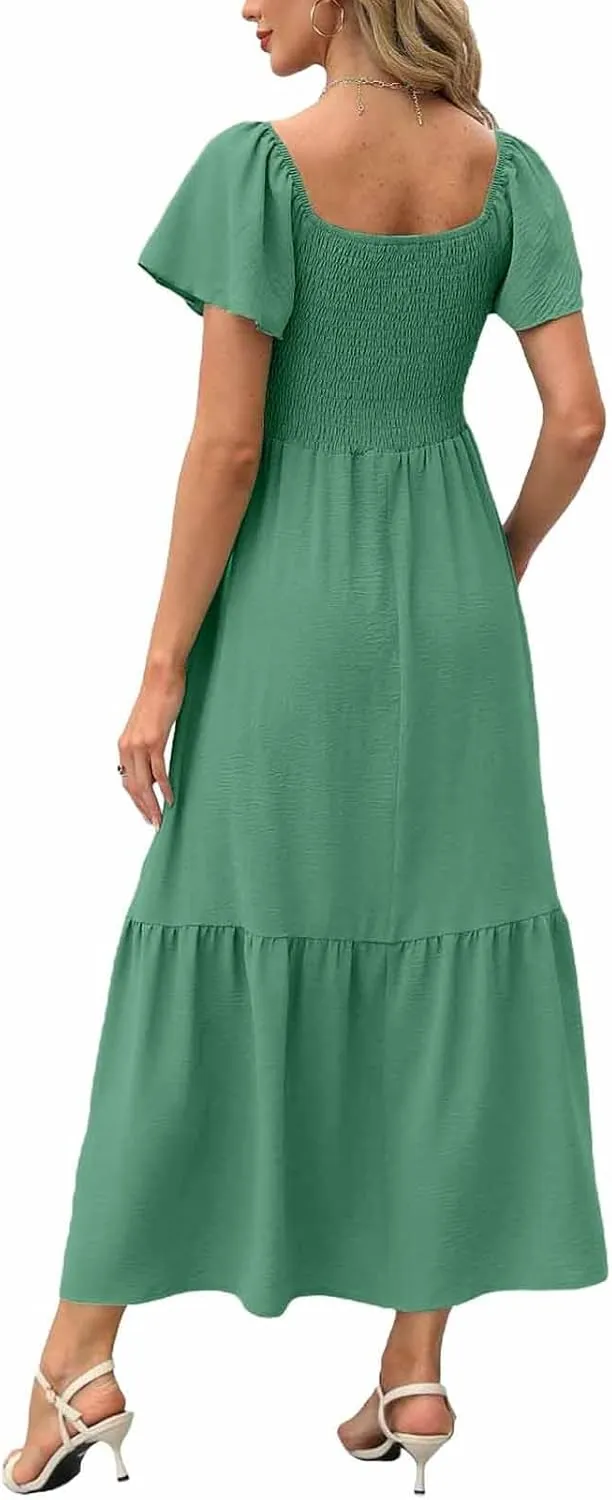 Maxi Dresses for Women Square Neck Flutter Sleeve Smocked Summer Flowy Dress with Pockets Casual Beach Sundress 2025