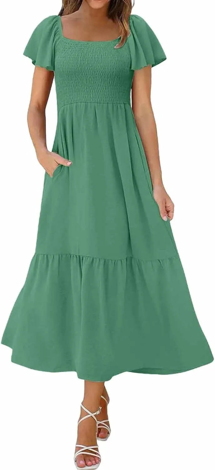Maxi Dresses for Women Square Neck Flutter Sleeve Smocked Summer Flowy Dress with Pockets Casual Beach Sundress 2025