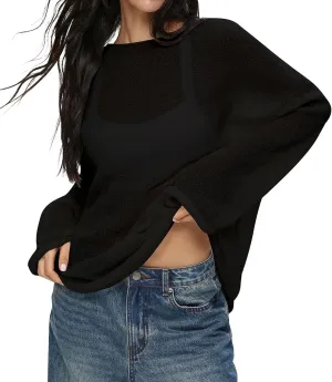 Melliflo Women Long Sleeve Sheer Mesh Knit Sweater Oversized Crochet Lightweight Sweater Y2K Summer Loose Hollow Out Pullover