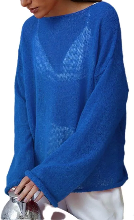 Melliflo Women Long Sleeve Sheer Mesh Knit Sweater Oversized Crochet Lightweight Sweater Y2K Summer Loose Hollow Out Pullover