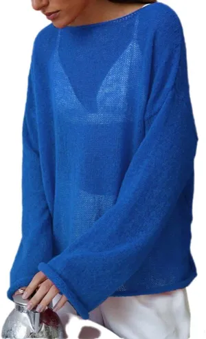 Melliflo Women Long Sleeve Sheer Mesh Knit Sweater Oversized Crochet Lightweight Sweater Y2K Summer Loose Hollow Out Pullover