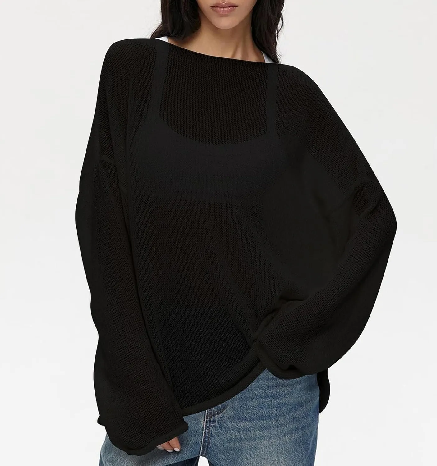 Melliflo Women Long Sleeve Sheer Mesh Knit Sweater Oversized Crochet Lightweight Sweater Y2K Summer Loose Hollow Out Pullover