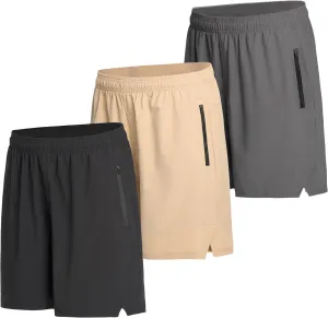 Mens Athletic Shorts 3 Pack Woven Dry Fit Gym Shorts with Zipper Pockets Drawstring for Activewear