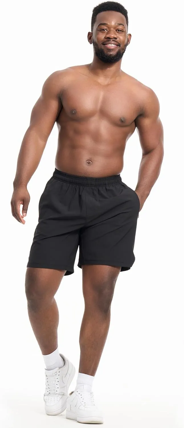 Mens Athletic Shorts 3 Pack Woven Dry Fit Gym Shorts with Zipper Pockets Drawstring for Activewear