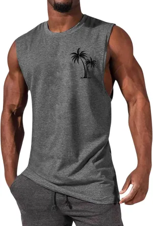 Mens Beach Tank Tops Summer Palm Tree Print Sleeveless Undershirts Hawaiian Vacation Tee Tops Muscle Fit Basic Tees