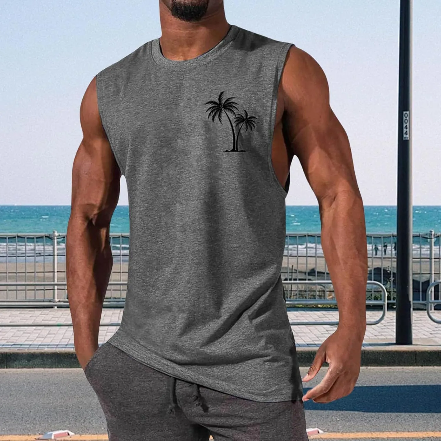 Mens Beach Tank Tops Summer Palm Tree Print Sleeveless Undershirts Hawaiian Vacation Tee Tops Muscle Fit Basic Tees
