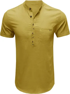 Men's Casual Cotton Linen Short Sleeve Summer Lightweight Beach Tops Plain Button Up Pockets T Shirt (Yellow,Large)