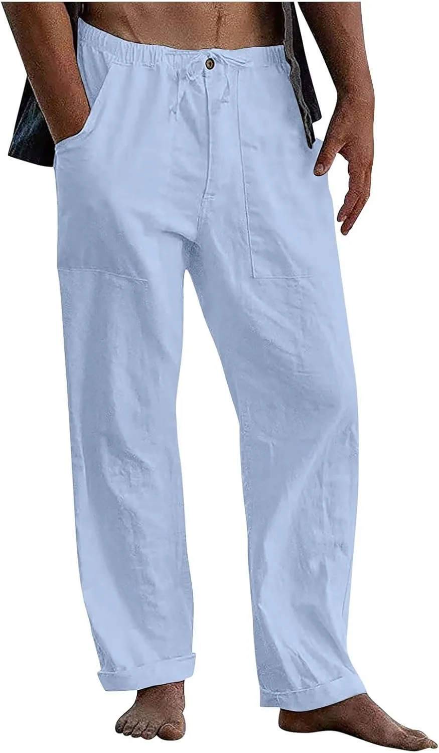 Men's Casual Linen Pants Summer Beach Yoga Trousers Elastic Waist Drawstring Pants Loose Fit Solid Pants with Pockets