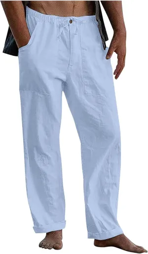 Men's Casual Linen Pants Summer Beach Yoga Trousers Elastic Waist Drawstring Pants Loose Fit Solid Pants with Pockets