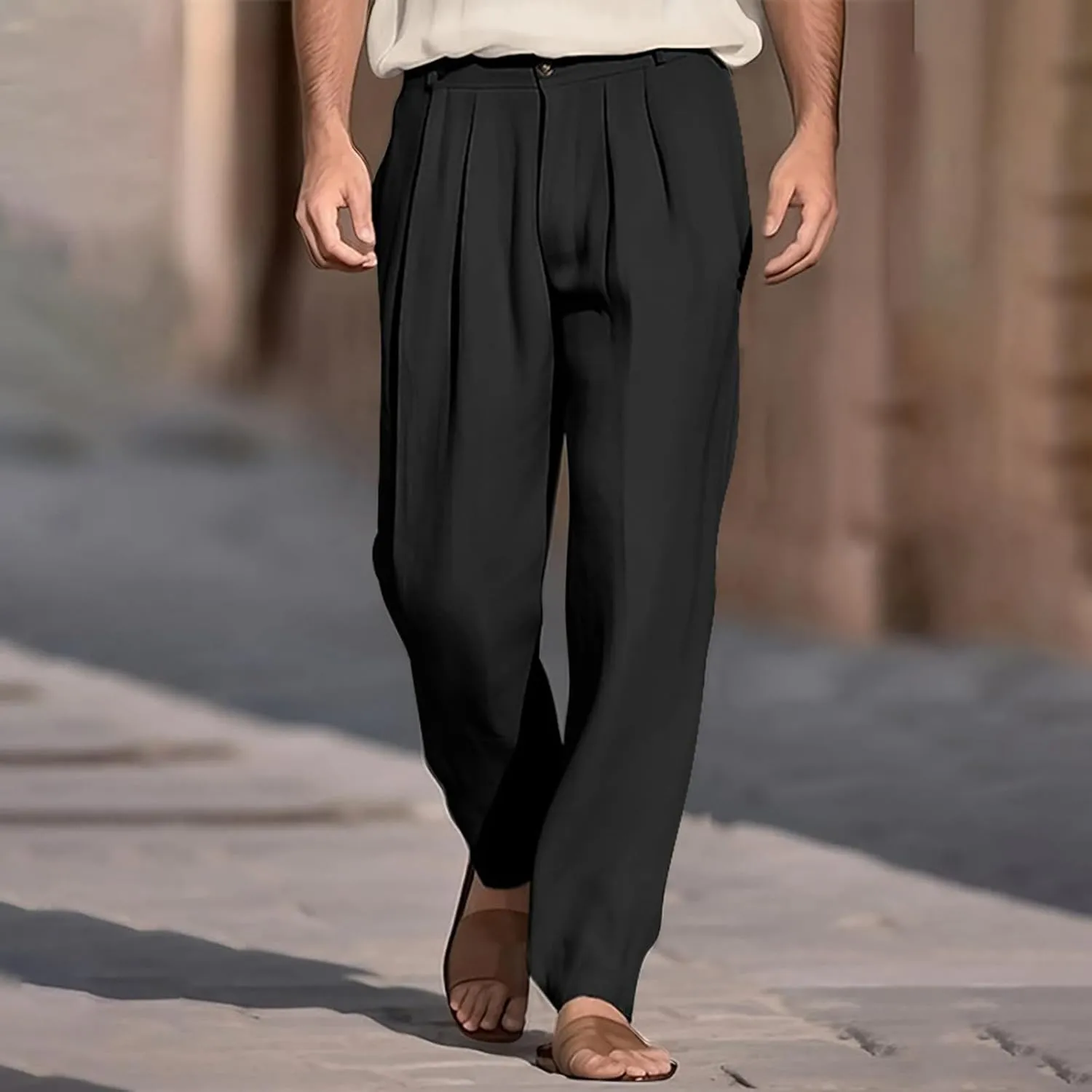 Mens Cotton Linen Dress Pants Zipper Loose Fit Straight Wide Leg Trouser Summer Lightweight Breathable Beach Pants