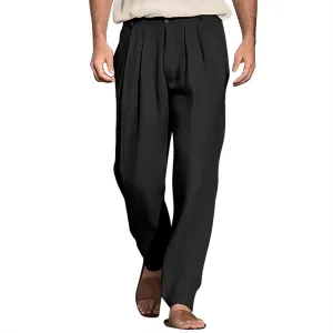 Mens Cotton Linen Dress Pants Zipper Loose Fit Straight Wide Leg Trouser Summer Lightweight Breathable Beach Pants