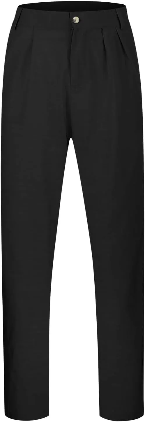 Mens Cotton Linen Dress Pants Zipper Loose Fit Straight Wide Leg Trouser Summer Lightweight Breathable Beach Pants