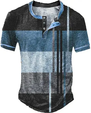 Mens Fashion Printing Henley Shirts Casual Button Crewneck Tops Regular Fit Short Sleeve Pullover Shirts for Men