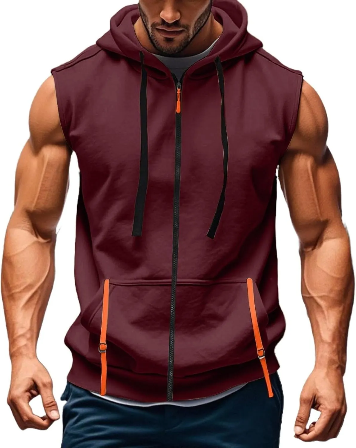 Mens Gym Top Streetwear Full Zip Hoodies Fashion Casual Muscle Fit Hooded Jacket for Basketball Workout Outdoor Cargo Vest Sweatshirt with Kangaroos Pockets