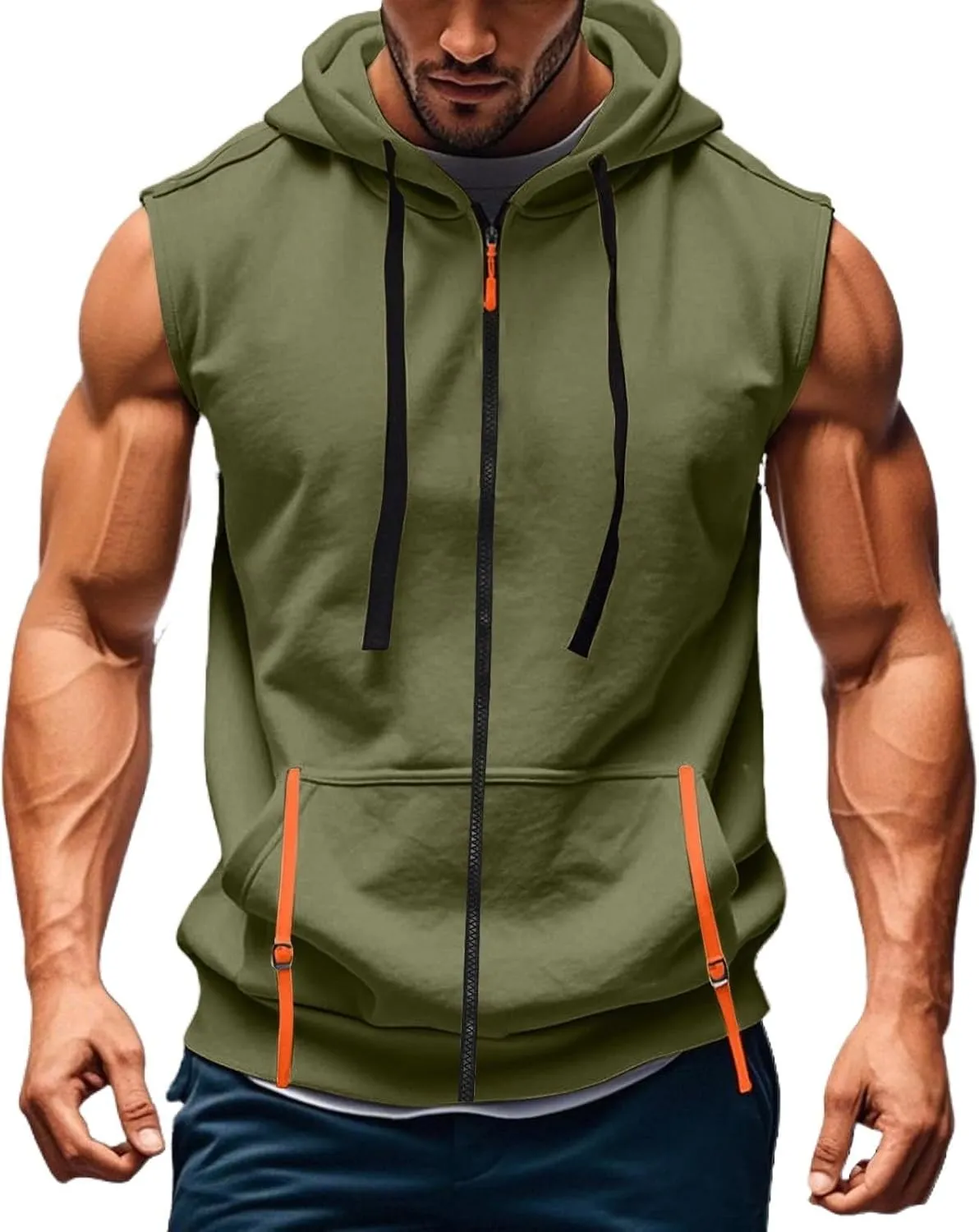 Mens Gym Top Streetwear Full Zip Hoodies Fashion Casual Muscle Fit Hooded Jacket for Basketball Workout Outdoor Cargo Vest Sweatshirt with Kangaroos Pockets