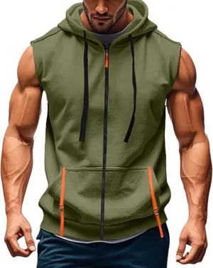 Mens Gym Top Streetwear Full Zip Hoodies Fashion Casual Muscle Fit Hooded Jacket for Basketball Workout Outdoor Cargo Vest Sweatshirt with Kangaroos Pockets