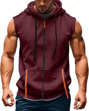 Mens Gym Top Streetwear Full Zip Hoodies Fashion Casual Muscle Fit Hooded Jacket for Basketball Workout Outdoor Cargo Vest Sweatshirt with Kangaroos Pockets