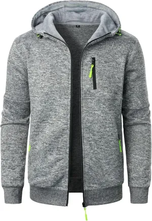 Mens Knitted Outerwear Sports Fitness Casual Jacket Hooded Full Zip Up Windproof Coat with Pockets for Outdoor