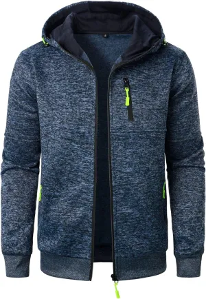 Mens Knitted Outerwear Sports Fitness Casual Jacket Hooded Full Zip Up Windproof Coat with Pockets for Outdoor