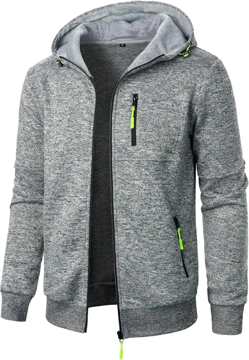 Mens Knitted Outerwear Sports Fitness Casual Jacket Hooded Full Zip Up Windproof Coat with Pockets for Outdoor