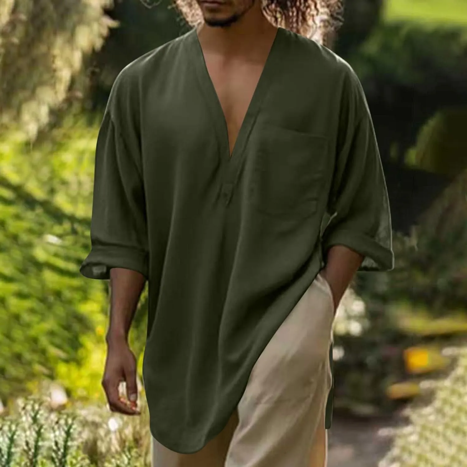 Mens Linen Shirt, Summer Lightweight Short Sleeve V-Neck Beach Yoga Top Casual Baggy Hippie Henley T Shirts Blouse