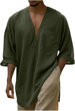 Mens Linen Shirt, Summer Lightweight Short Sleeve V-Neck Beach Yoga Top Casual Baggy Hippie Henley T Shirts Blouse