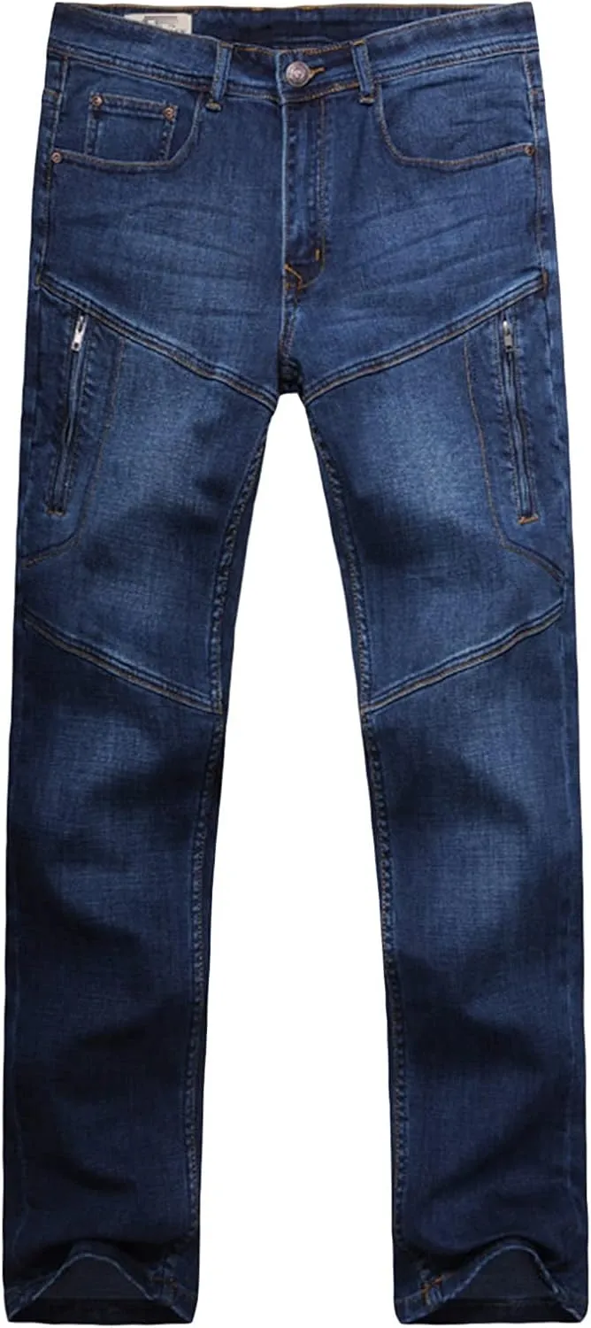 Men's Regular Fit Vintage Jeans Straight Multi Pockets Cargo Denim Pants Casual Zipper Pocket Moto Biker Jean
