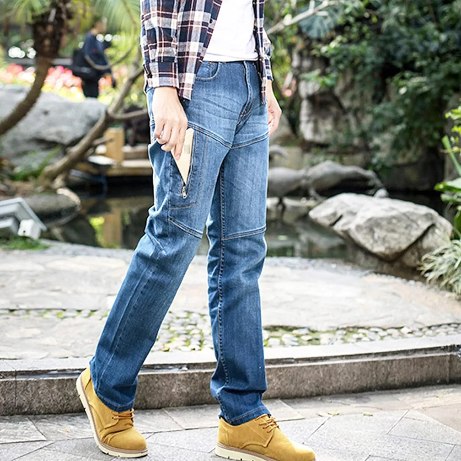Men's Regular Fit Vintage Jeans Straight Multi Pockets Cargo Denim Pants Casual Zipper Pocket Moto Biker Jean