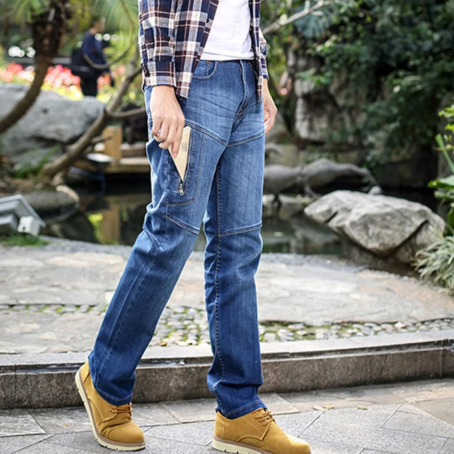 Men's Regular Fit Vintage Jeans Straight Multi Pockets Cargo Denim Pants Casual Zipper Pocket Moto Biker Jean