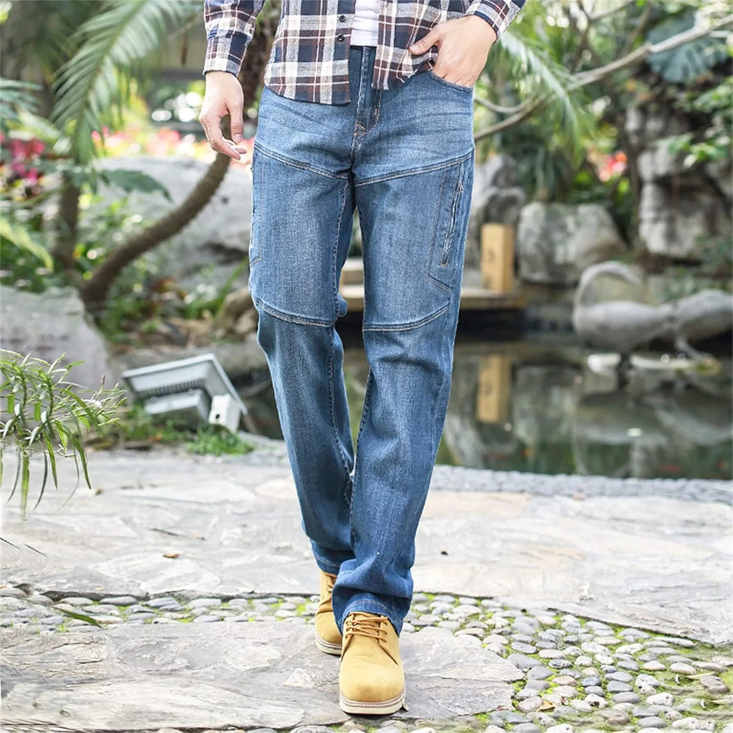 Men's Regular Fit Vintage Jeans Straight Multi Pockets Cargo Denim Pants Casual Zipper Pocket Moto Biker Jean