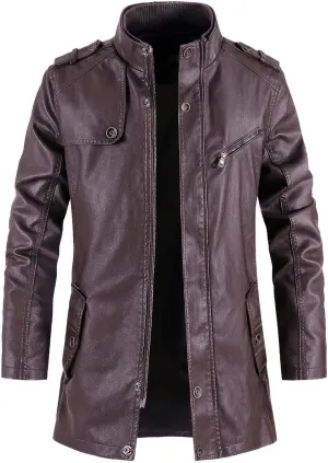 Men's Stand Collar Vintage Casual PU Outerwear Thick Moto Biker Zipper Long Genuine Leather Jackets