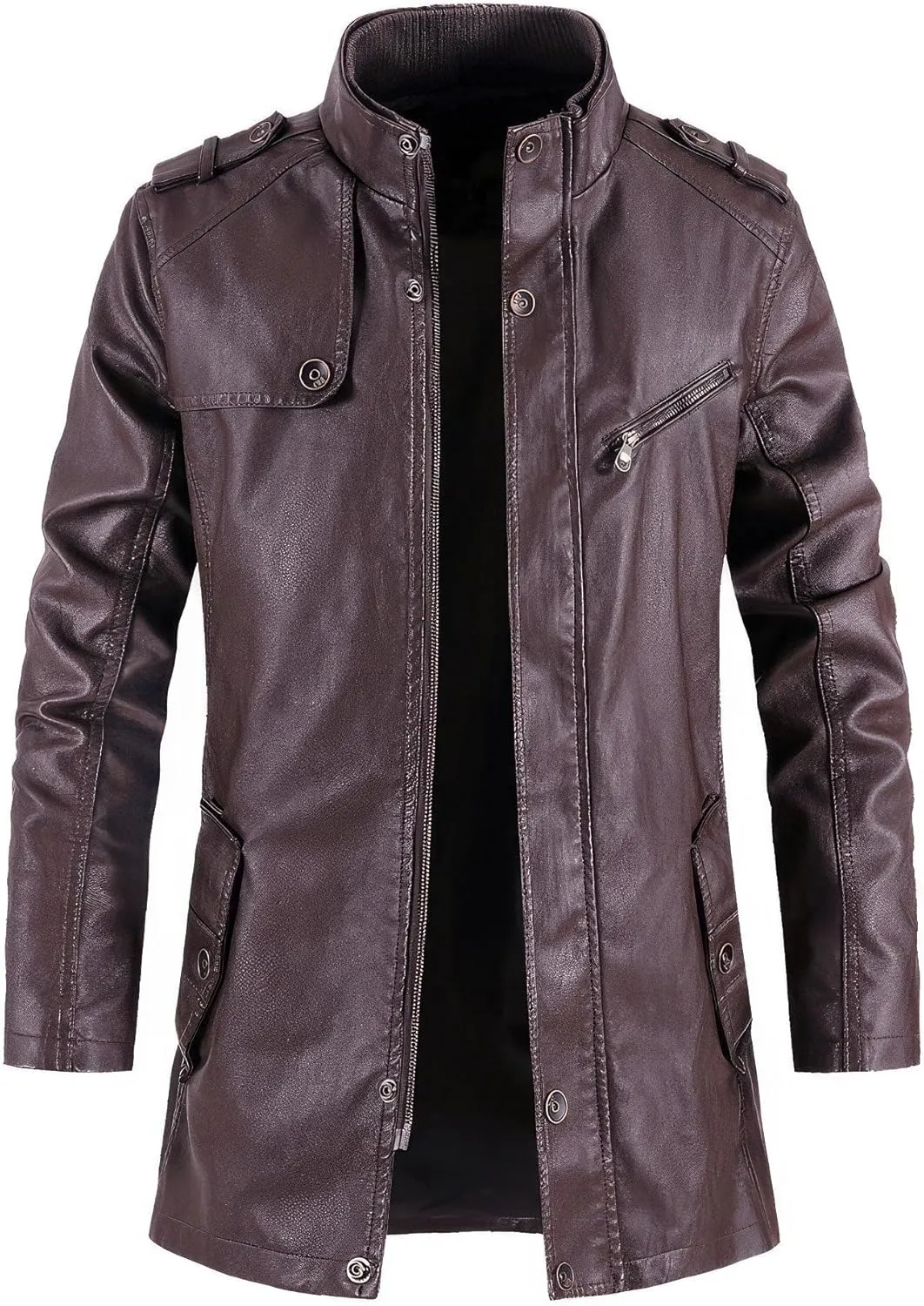 Men's Stand Collar Vintage Casual PU Outerwear Thick Moto Biker Zipper Long Genuine Leather Jackets