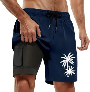 Men's Swim Trunks 7 Inch with Compression Liner 2 in 1 Shorts Stretch Quick Dry Bathing Suits Pockets