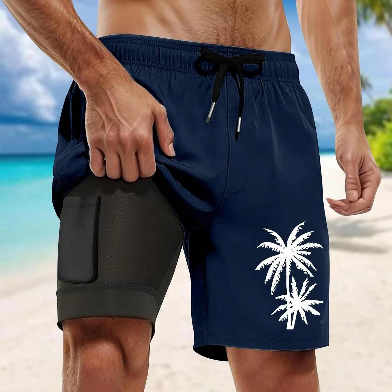 Men's Swim Trunks 7 Inch with Compression Liner 2 in 1 Shorts Stretch Quick Dry Bathing Suits Pockets