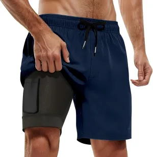 Mens Swim Trunks Palm Tree Print 9 Inch Inseam Board Shorts with Compression Liner Swimsuit Bathing Suit Quick Dry