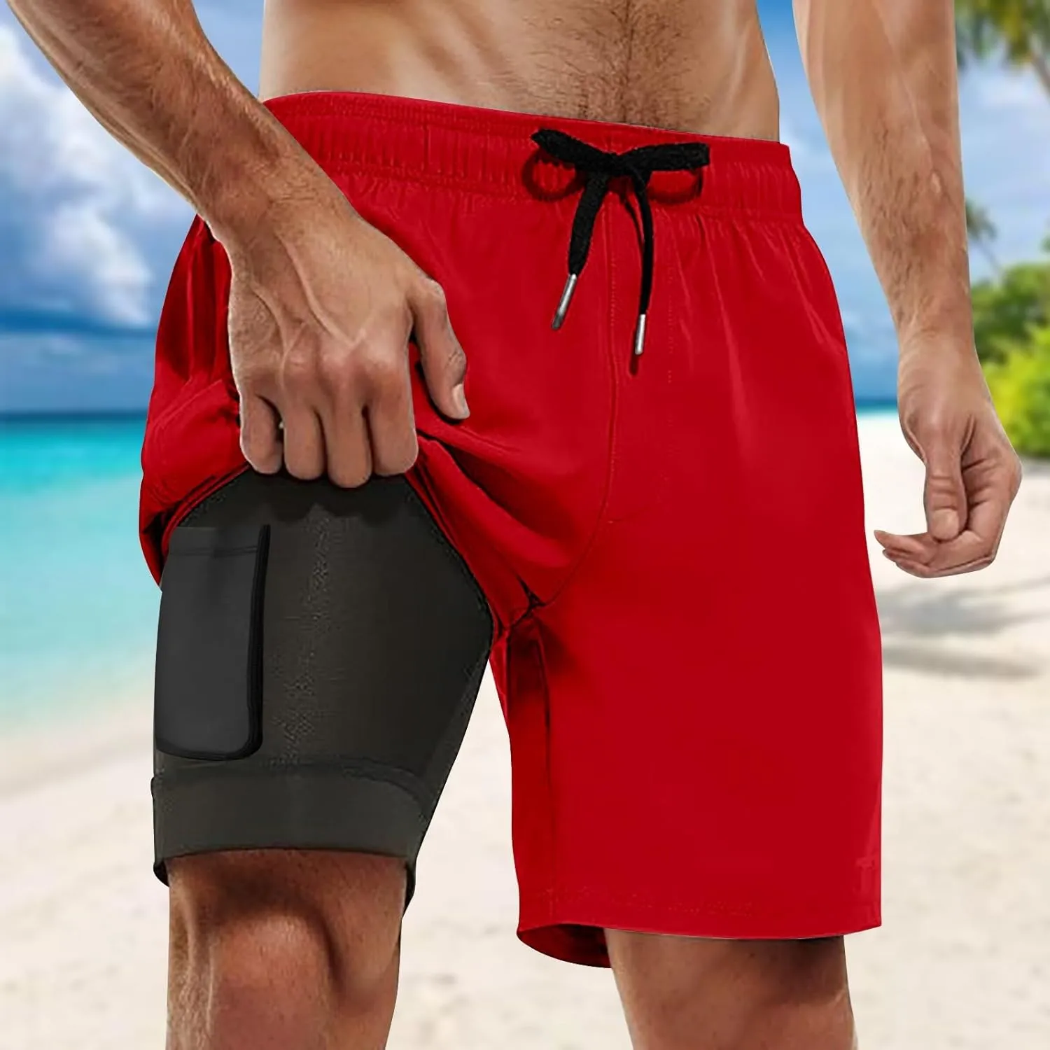 Mens Swim Trunks Palm Tree Print 9 Inch Inseam Board Shorts with Compression Liner Swimsuit Bathing Suit Quick Dry