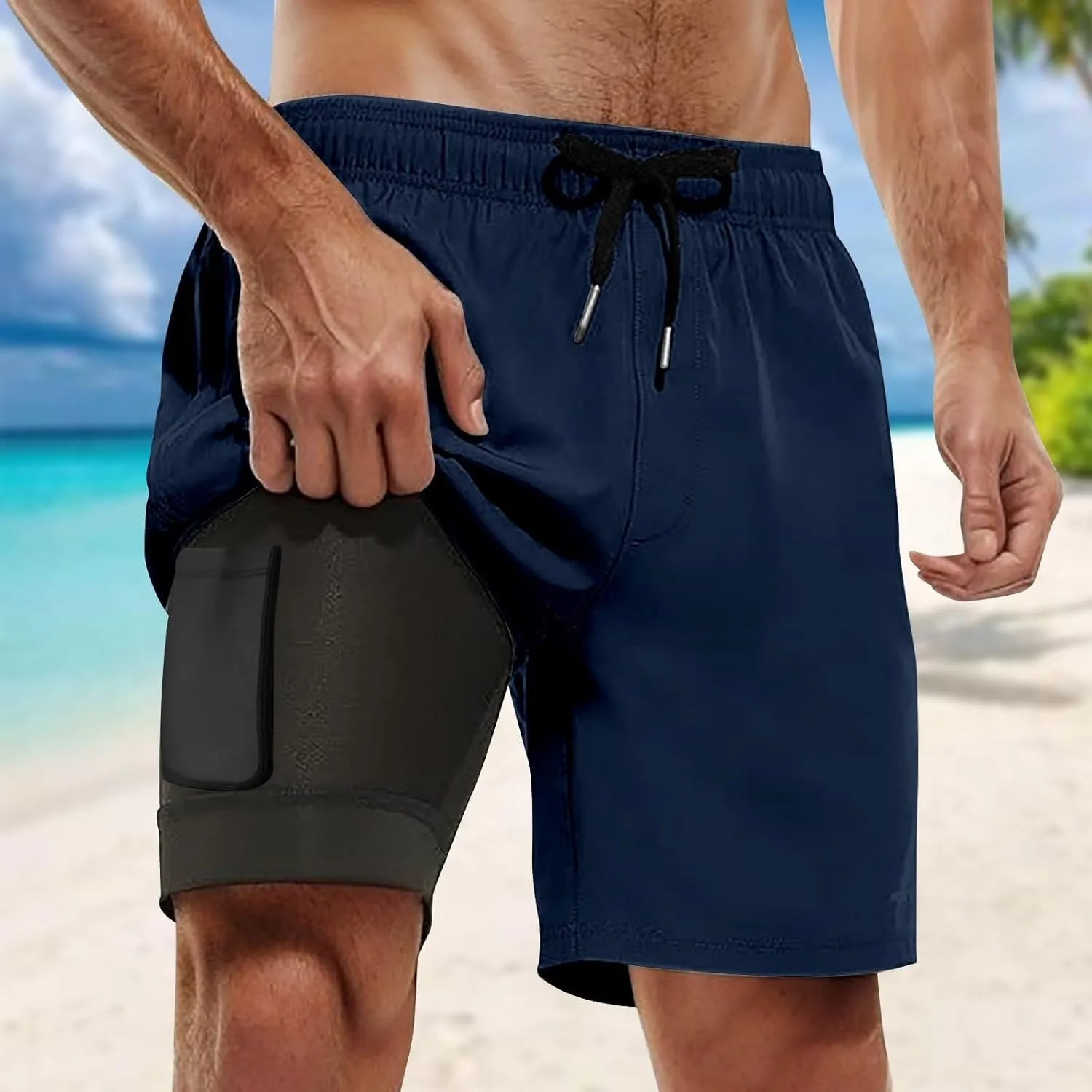 Mens Swim Trunks Palm Tree Print 9 Inch Inseam Board Shorts with Compression Liner Swimsuit Bathing Suit Quick Dry