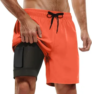 Mens Swim Trunks Palm Tree Print 9 Inch Inseam Board Shorts with Compression Liner Swimsuit Bathing Suit Quick Dry