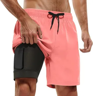 Mens Swim Trunks Palm Tree Print 9 Inch Inseam Board Shorts with Compression Liner Swimsuit Bathing Suit Quick Dry