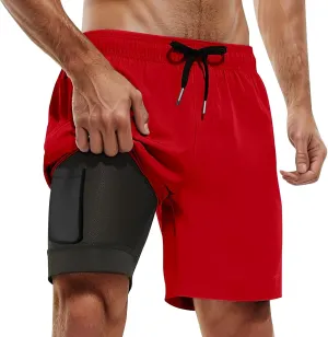 Mens Swim Trunks Palm Tree Print 9 Inch Inseam Board Shorts with Compression Liner Swimsuit Bathing Suit Quick Dry