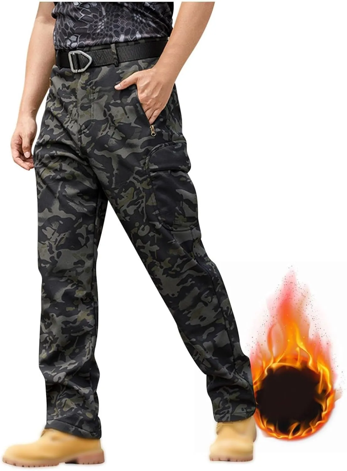 Men's Tactical Pants Softshell Fleece Lined Cargo Pant Warm Water Resistant Ripstop Cargo Pants Camo Hiking Pants