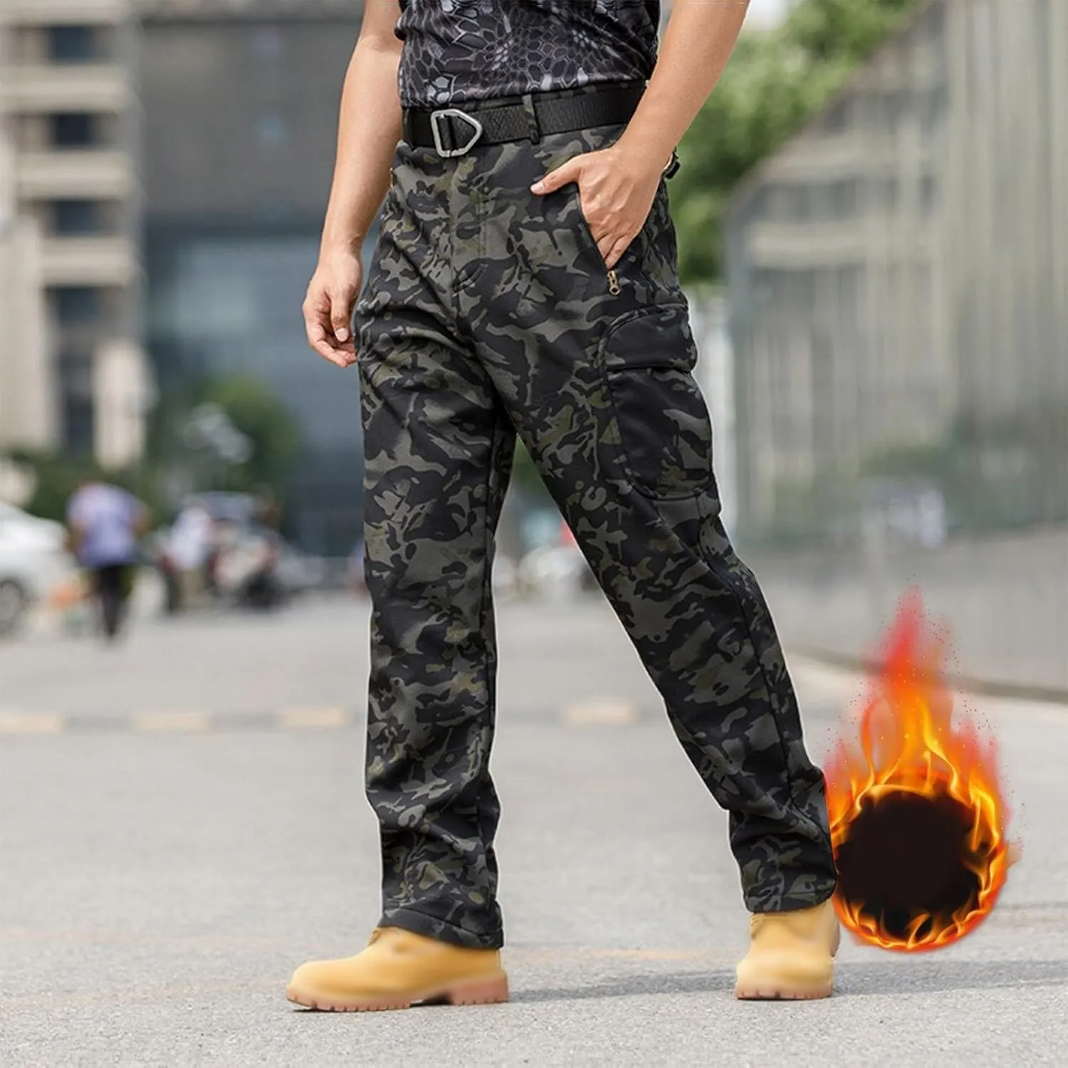Men's Tactical Pants Softshell Fleece Lined Cargo Pant Warm Water Resistant Ripstop Cargo Pants Camo Hiking Pants